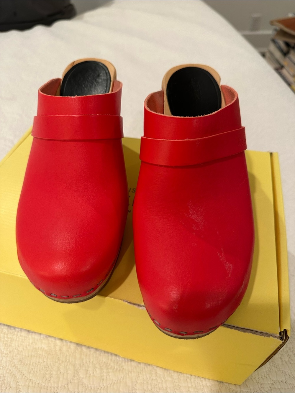 Swedish Hasbeens Red Leather Slip-On Clogs